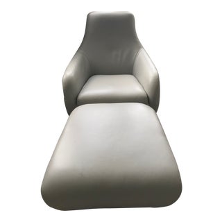 Modern Ligne Roset Shaman Gray Leather Lounge Chair and Ottoman For Sale