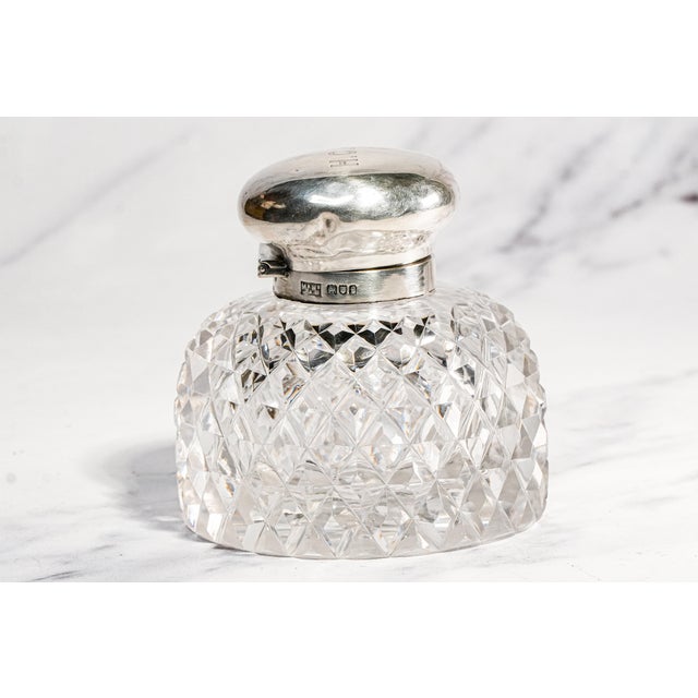 Nice Large Mappin & Webb Antique Sterling Silver Cut Crystal Hobnail Inkwell English Edwardian Desk Home Decor For Sale - Image 9 of 16