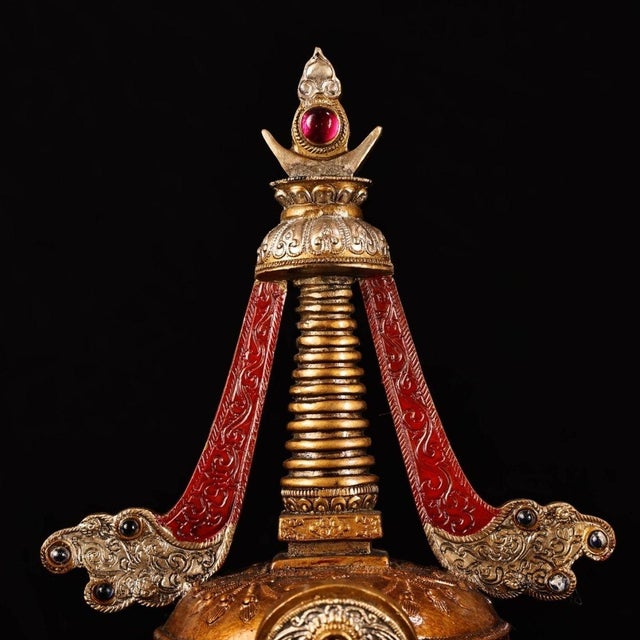 Late 19th Century Gilt Bronze Tibetan Stupa With Gemstone Inlays, 1.9kg For Sale - Image 4 of 9