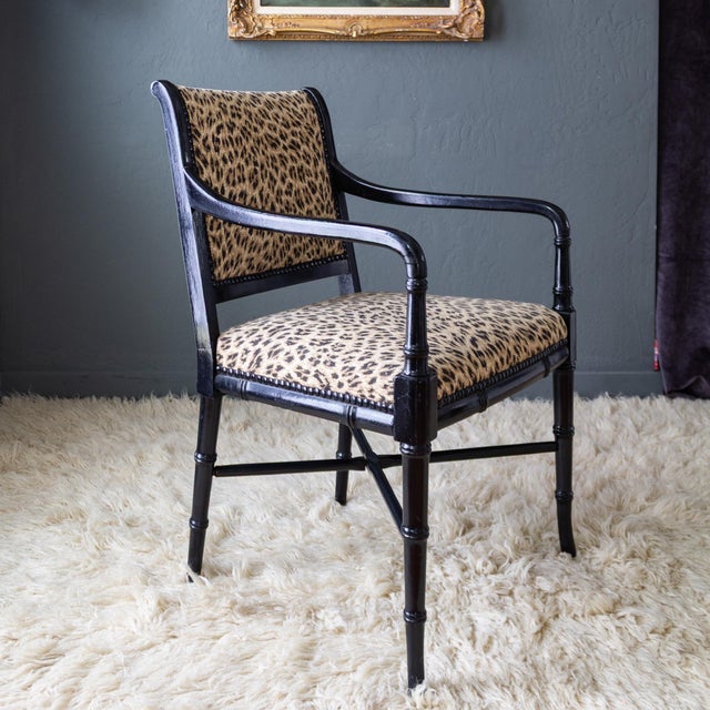 Maitland - Smith Leopard Upholstered Black Faux Bamboo Directoire Style Armchairs For Sale - Image 4 of 18