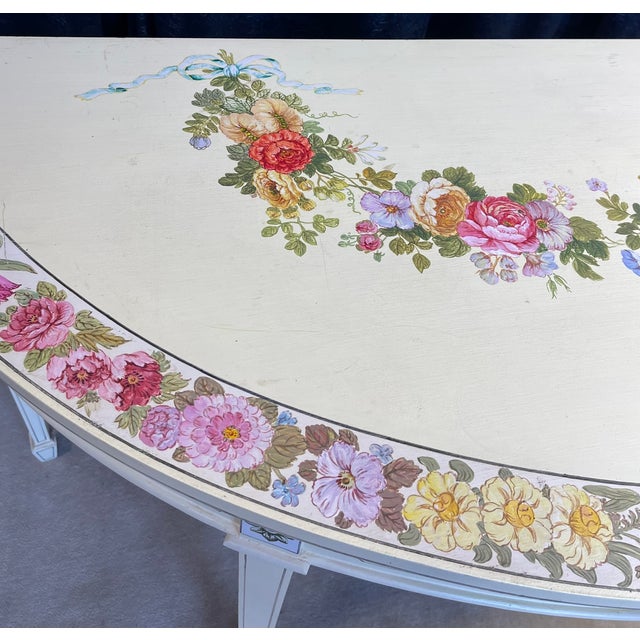 1980s Hand Painted White and Floral Demilune Table For Sale - Image 14 of 16