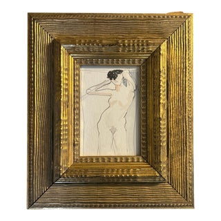 1970’s Original Female Nude Figure Watercolor Painting in Chunky Gold Frame For Sale