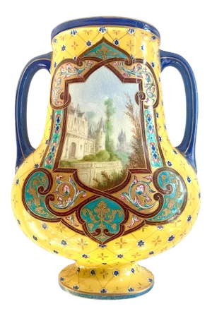 19th Century French St. Denis Porcelain Vase/Urn With a Naturalistic Hand Painted Central Cartouche of a Castle, Yellow With Cobalt & Gold Accents
