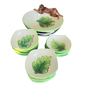 Regency Style Monkey Leaf Ceramic Large Salad or Pasta Bowl Serving Ware Set of 16