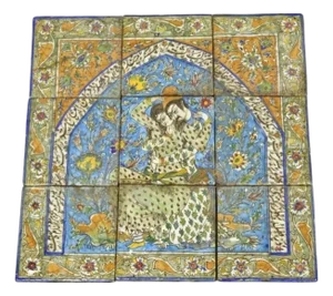 Antique Persian Iznik Qajar Style Ceramic Pottery Tile Man & Woman Mosaic Set C6