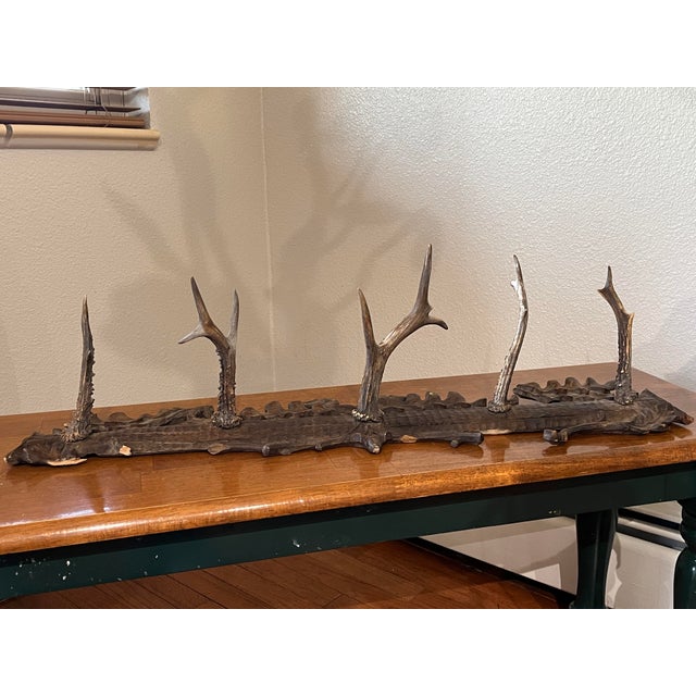 Bone Antique 19th Century German Black Forest Carved Wood and Antler Wall Rack For Sale - Image 7 of 12