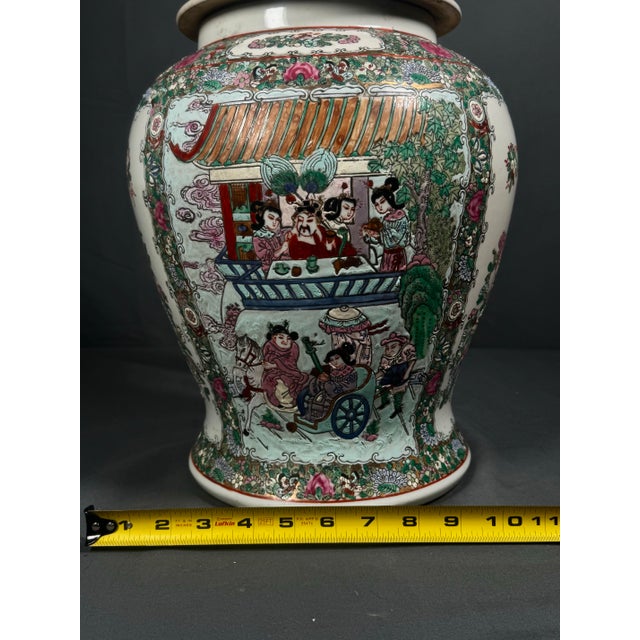 Ceramic Large 20th C. Chinese Rose Medallion Porcelain Covered Urn With Figural Panels & Enamel Decoration For Sale - Image 7 of 8