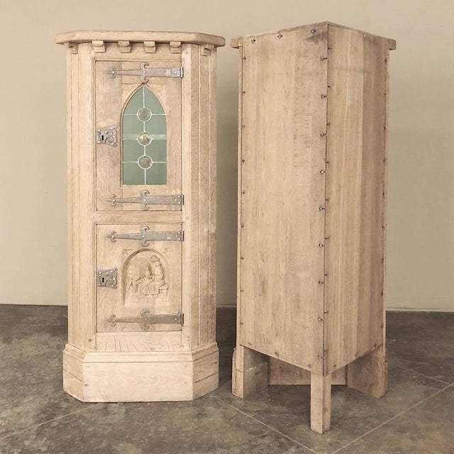 Wood Pair Rustic Gothic Revival Oak Corner Wine Cabinets ~ Vitrines For Sale - Image 7 of 17
