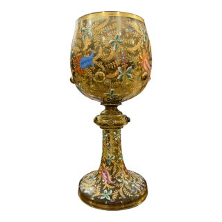 Antique Moser Enamel and Gilt Glass Goblet, Bohemian Art Glass Chalice, 11.75 For Sale