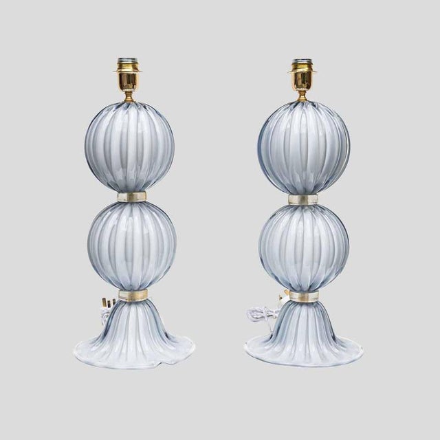 Light Pale Blue-Grey Blown Murano Glass Table Lamps, 1980s, Set of 2 For Sale - Image 11 of 12