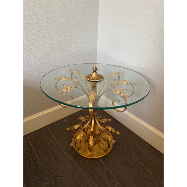 Metal Vintage Hollywood Regency Gilt Metal Flower Leaf and Glass Side Table For Sale - Image 7 of 12
