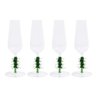 Treetop Tree Cheers Green Glass Champagne Flutes, Set of 4 For Sale