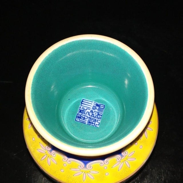 Vintage Yellow Ground Famille Rose Stem Cup With Green Dragons For Sale - Image 9 of 9