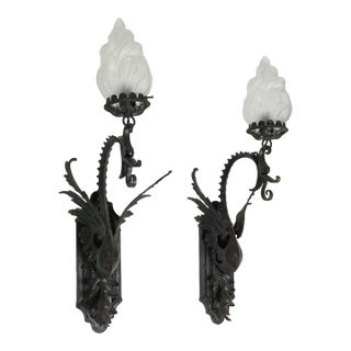 1920s Hand Hammered Iron Dragons Wall Sconces - a Pair For Sale