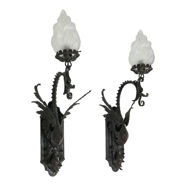1920s Hand Hammered Iron Dragons Wall Sconces - a Pair For Sale