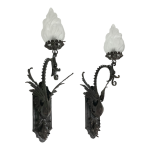 1920s Hand Hammered Iron Dragons Wall Sconces - a Pair