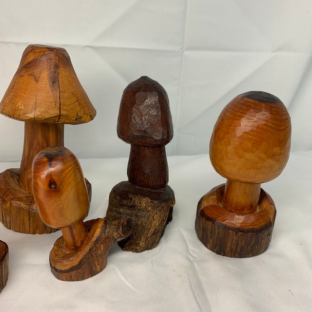 Set of 7 Hand Carved Folk Art Mushrooms For Sale - Image 4 of 10