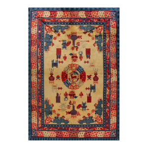 Fantastic Tan Beige and Red Color With Florid and Animalistic Design Antique Chinese Ningxia Rug