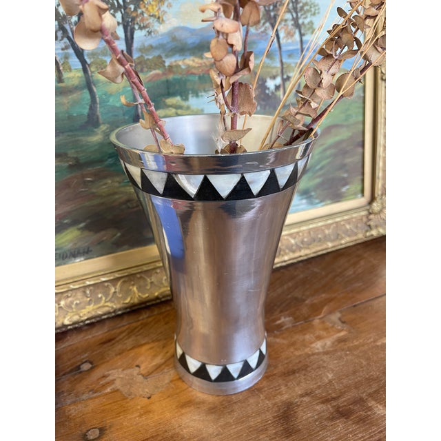 Mid-Century Modern Vintage Towle Silversmiths Modernist Metal Vase With Black and Mother-of-Pearl Geometric Inlay For Sale - Image 3 of 9