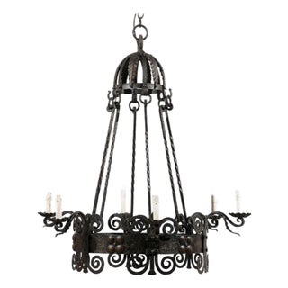 Mid 20th Century Italian Iron Ring Chandelier W/ Dome Canopy For Sale