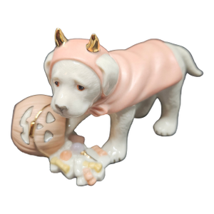 Vintage Lenox Puppy Dog Labrador Halloween Figurine Sculpture With Pumpkin Gold Accents