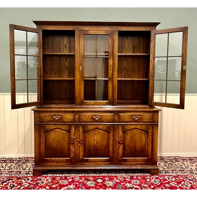 Antique English Large Bookcase Cupboard Cabinet Triple Door Glass Oak C. 1930s For Sale In Dallas - Image 6 of 18