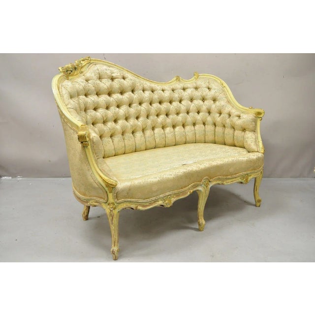 Vintage French Louis XV Rococo Style Yellow & Green Settee Loveseat Sofa. Item features a solid wood frame, nicely carved...