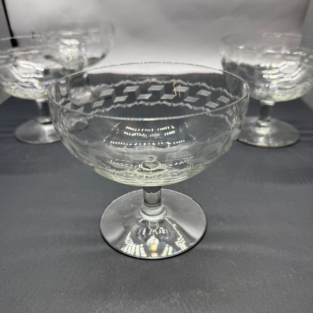Vintage Early 20th Century Optical Etched Blown Glass Stemmed Sherbets- Set of 4 For Sale - Image 10 of 18