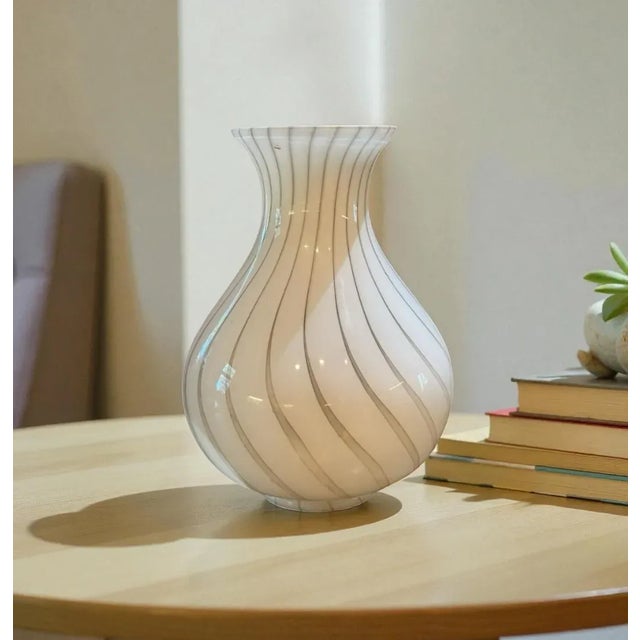 Mid-Century Modern Murano Hand-Blown Opaline Filigrana Spiral Art Glass Vase — Late 20th Century For Sale - Image 3 of 4