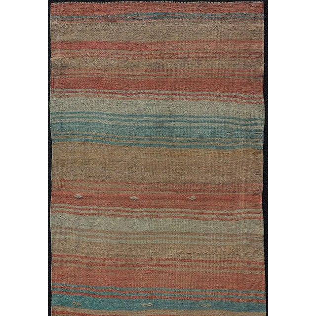 Vintage Turkish Kilim Runner With Stripes in Orange, Taupe, Tan, Cream & Blue For Sale - Image 4 of 11
