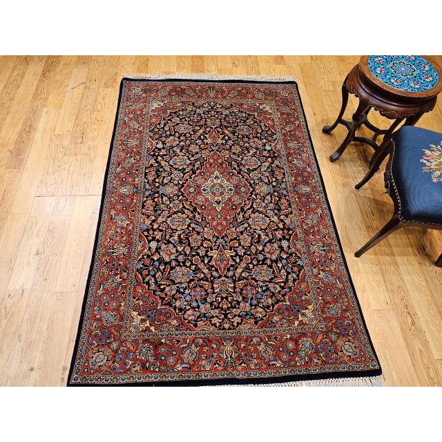Vintage Kashan Rug, Hand-Knotted Wool & Cotton, Floral Pattern, Navy & Brick-Red, 4x6 For Sale - Image 16 of 16