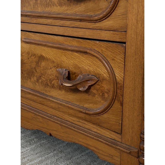 Chocolate 19th-Century American Victorian Burl Walnut & Tiger Oak Marble Top Chest of Drawers For Sale - Image 8 of 10
