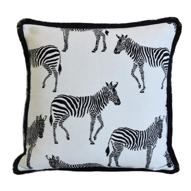 African Velvety Chenille Zebra Feather/Down Pillow W/ Fancy Brush Fringe Trim 19” Square For Sale - Image 3 of 8