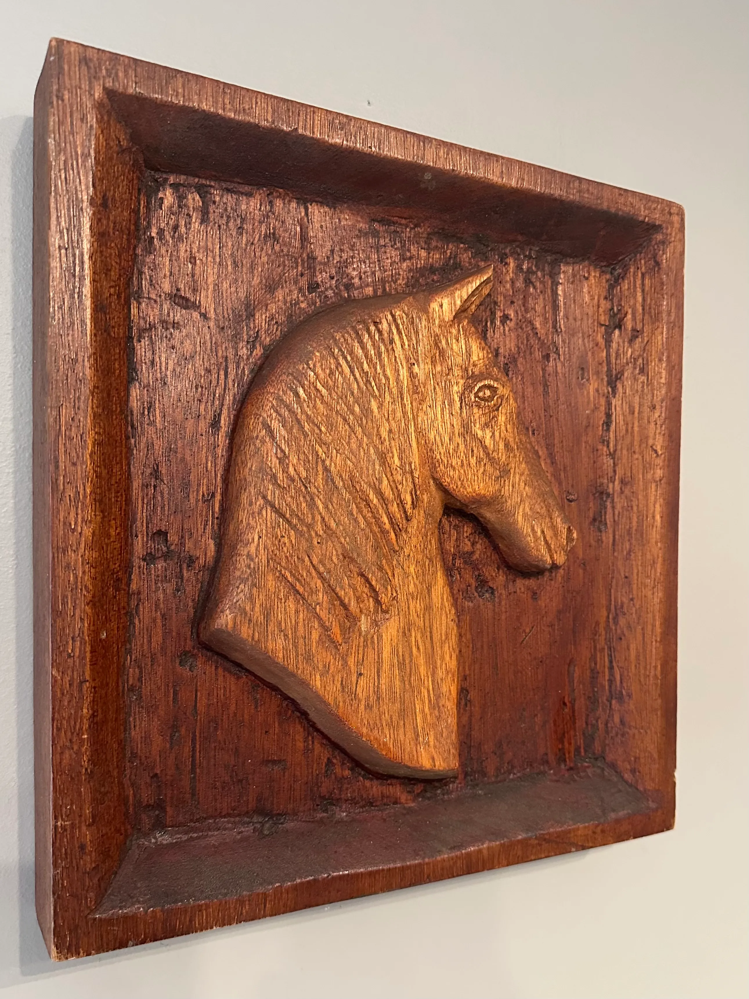 Vintage Hand Carved Wood Mid-Century Horse Wall Relief Panel