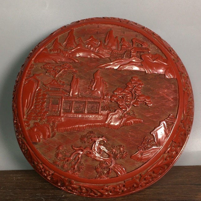 Late 20th Century Carved Cinnabar Lacquer Round Lidded Box, Landscape Pavilion Scene Chinoiserie Jewelry Box For Sale - Image 5 of 9