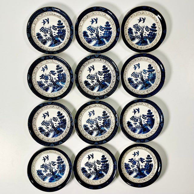 1940s Vintage Japanese Chinoiserie Hollywood Regency Blue Willow Small Plates - Set of 12 For Sale - Image 6 of 13