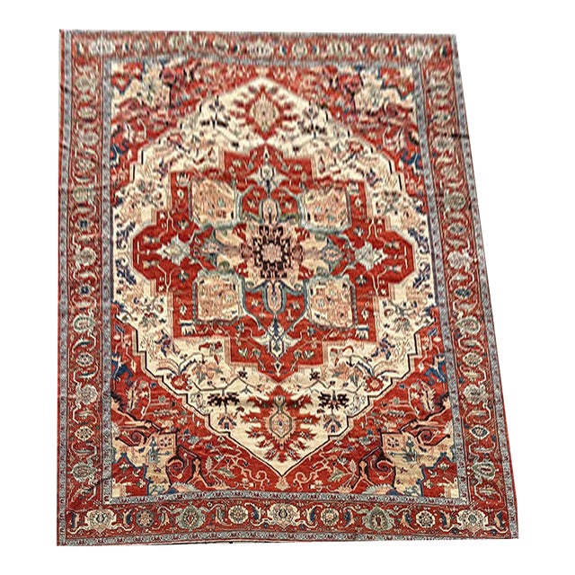 A Stunning Vintage 12' X14' Ivory Groune Persian Serapi Rug For Sale