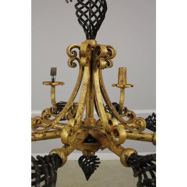 1980s Neoclassical 8 Arm Iron Black & Gold Chandelier For Sale - Image 5 of 12