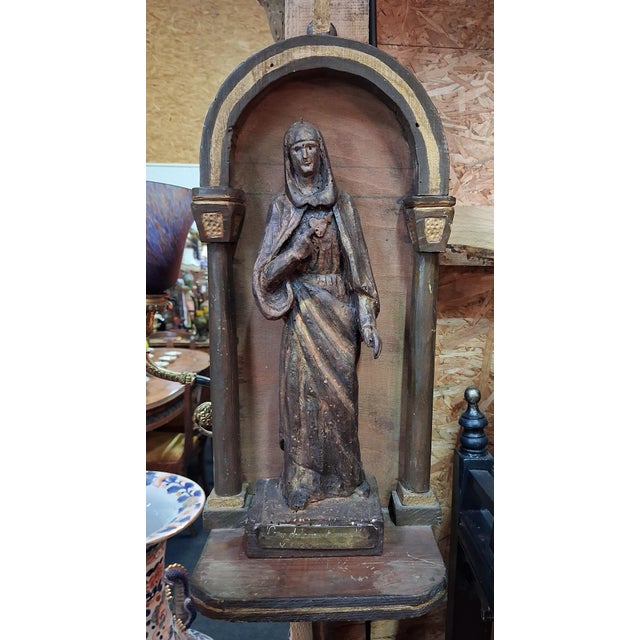 Wooden Devotional Statue Representing the Virgin with the Sorrowful and Immaculate Heart, 1800s For Sale - Image 6 of 9