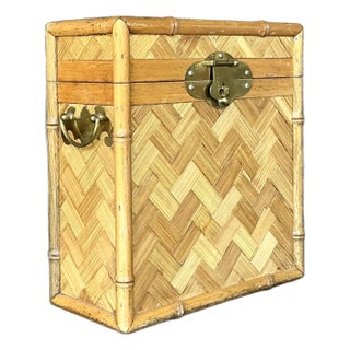 Vintage Boho Parquet Rattan Lidded Box For Sale