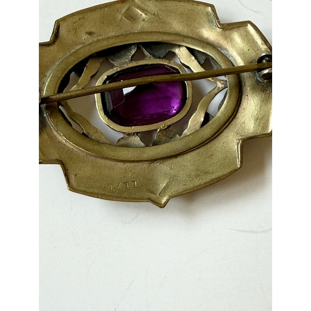 1900 - 1909 Antique Art Nouveau Brass Sash Pin With Purple Center Stone For Sale - Image 5 of 6