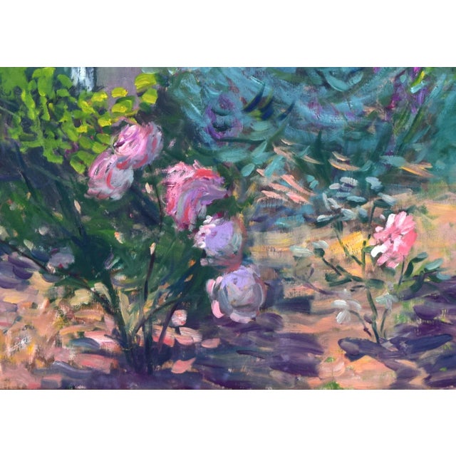 Vintage American Impressionist Landscape Painting With Roses and Bird Bath For Sale In New York - Image 6 of 9