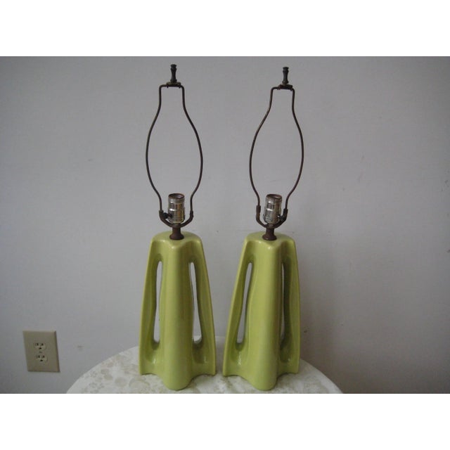 Mid-Century Modern Mid-Century Celadon Green Sculptural Ceramic Lamps - a Pair For Sale - Image 3 of 11