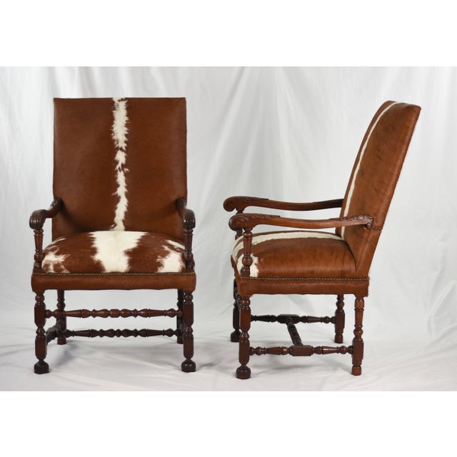 1920s Statement Pair of Grand Antique Armchairs | New Cowhide Upholstery For Sale - Image 4 of 16