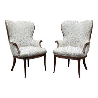 1920s French Blue Upholstered Art Deco Fireside Chairs - a Pair For Sale