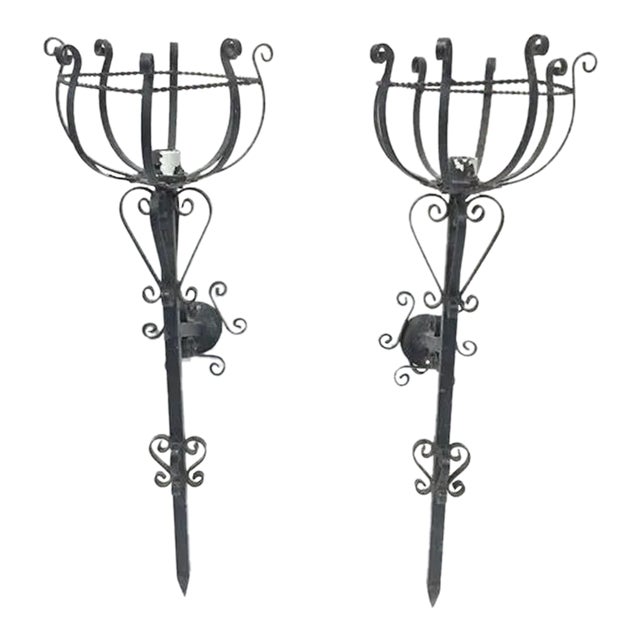 Pair of Black Forged Iron Gothic Sconces For Sale