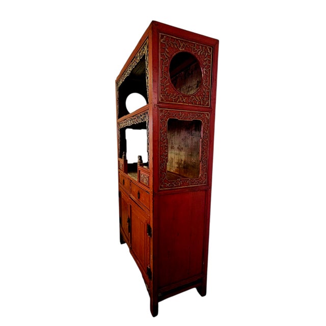 Wood Antique Chinese Red Lacquer Scholar Cabinet With Carved Fretwork, 75.5", Late Qin G / Early Republic For Sale - Image 7 of 18