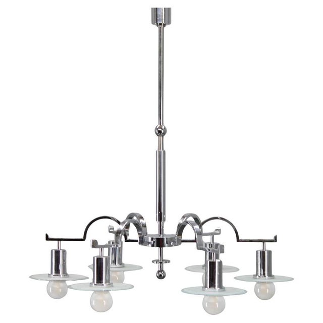 Art Deco Chrome Chandelier with Six Sandblasted Glass Discs, 1930s For Sale - Image 12 of 12