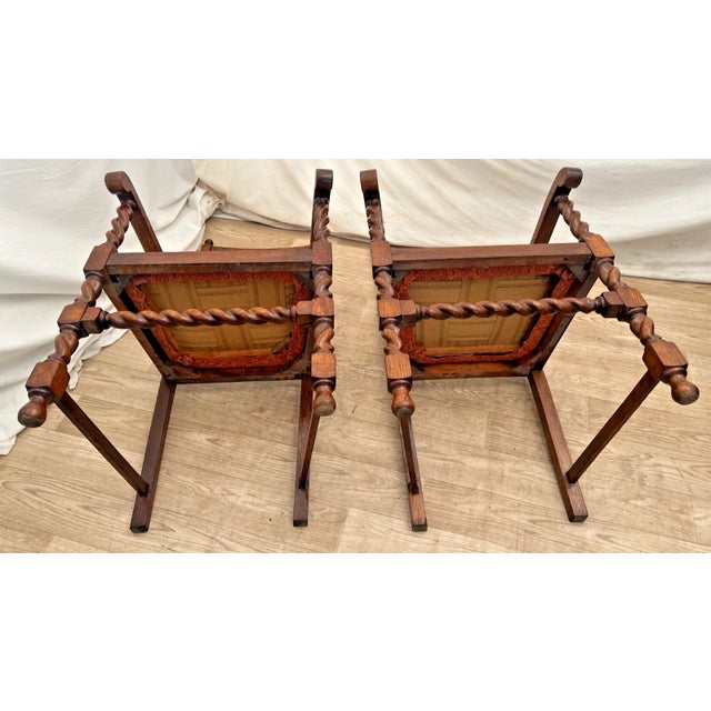 Pair of Antique Jacobean Revival Barley Twist Oak Armchairs Rust & Gold Damask For Sale - Image 13 of 13