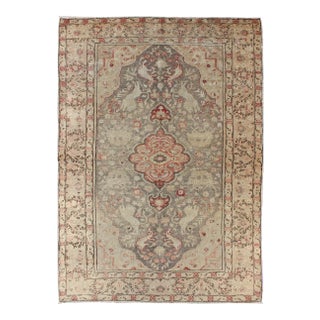 Antique Turkish Oushak Rug With Pale Sage Ground and Central Medallion in Red For Sale